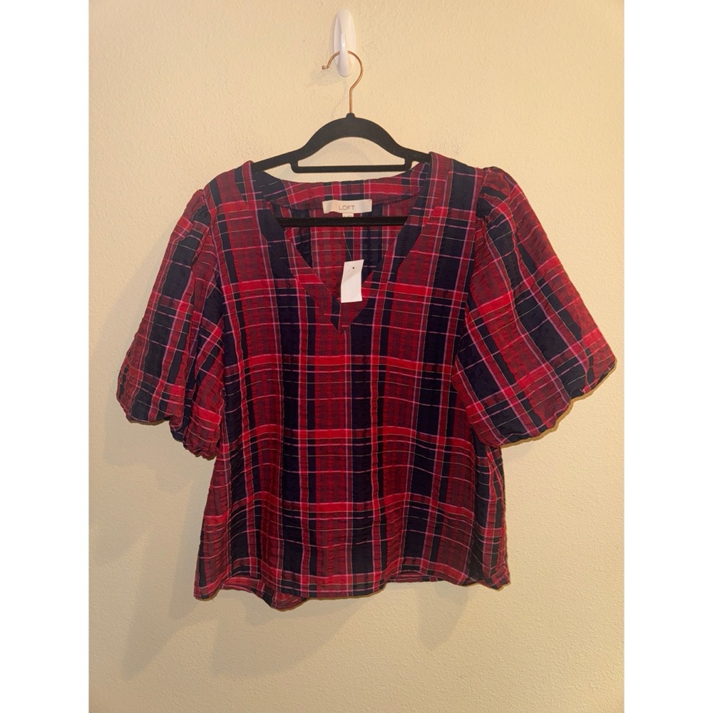 LOFT Plaid‎ Ballon Sleeve V Neck Top Size Medium NWT - Picture 2 of 5